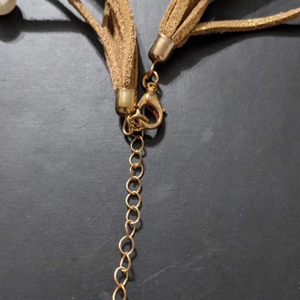 Gold Tone Brown Leather Cord Faux Pearl Crystal Bead Layered Statement Necklace - Picture 4 of 4